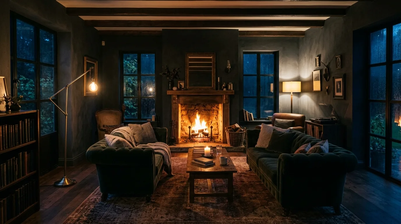 Dark moody living room with layered lighting and cozy dramatic styling.